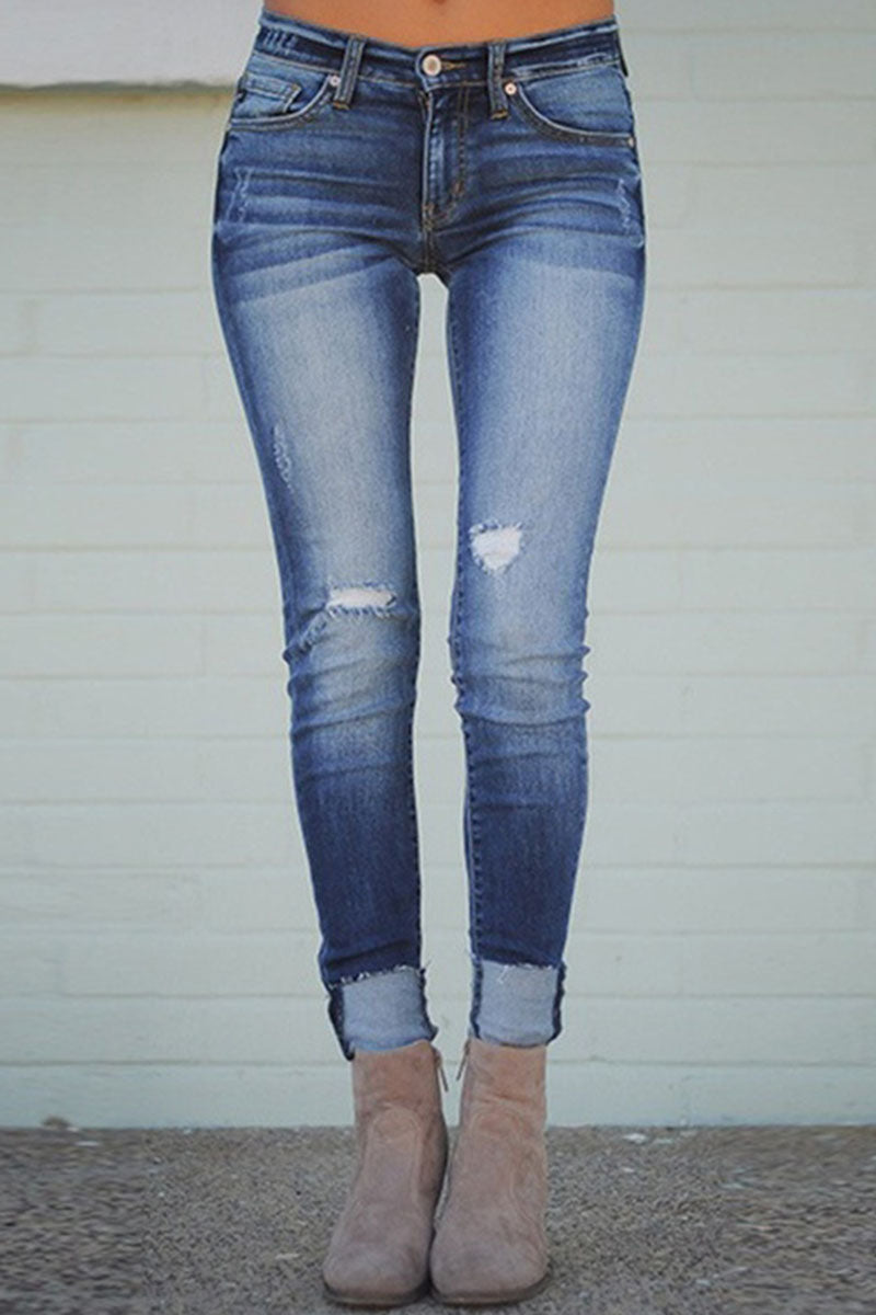 Fashion Sexy Solid Ripped Mid Waist Skinny Denim