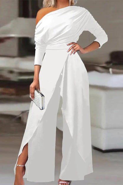 British Style Solid Backless Asymmetrical Oblique Collar Regular Jumpsuits