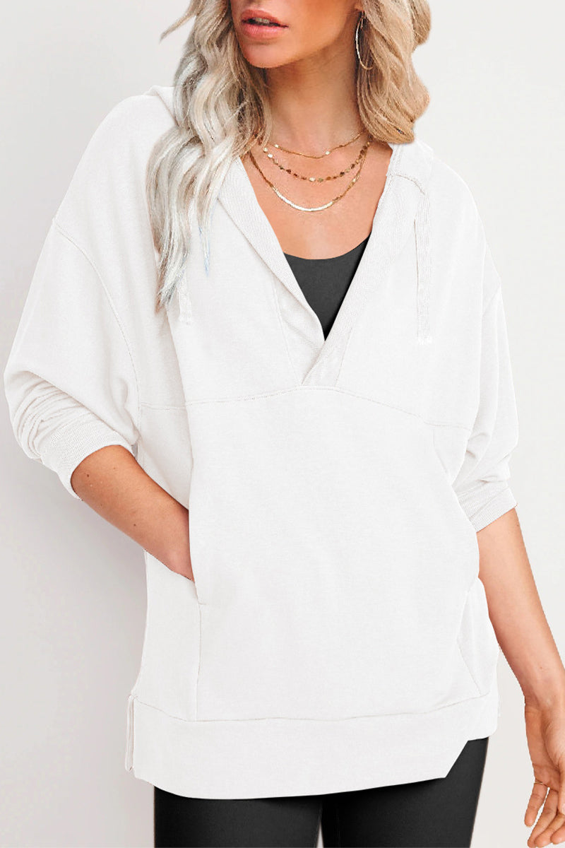 Casual Solid Pocket V Neck Tops