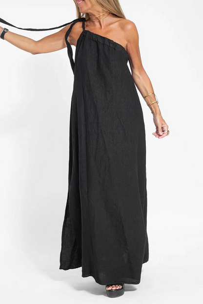 Casual Simplicity Solid Slit Asymmetrical Oblique Collar Sleeveless Dress Dresses