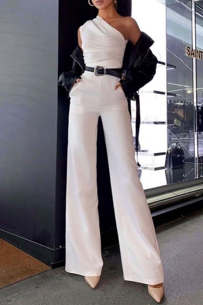 Elegant Solid Frenulum Oblique Collar Straight Jumpsuits(No Belt)