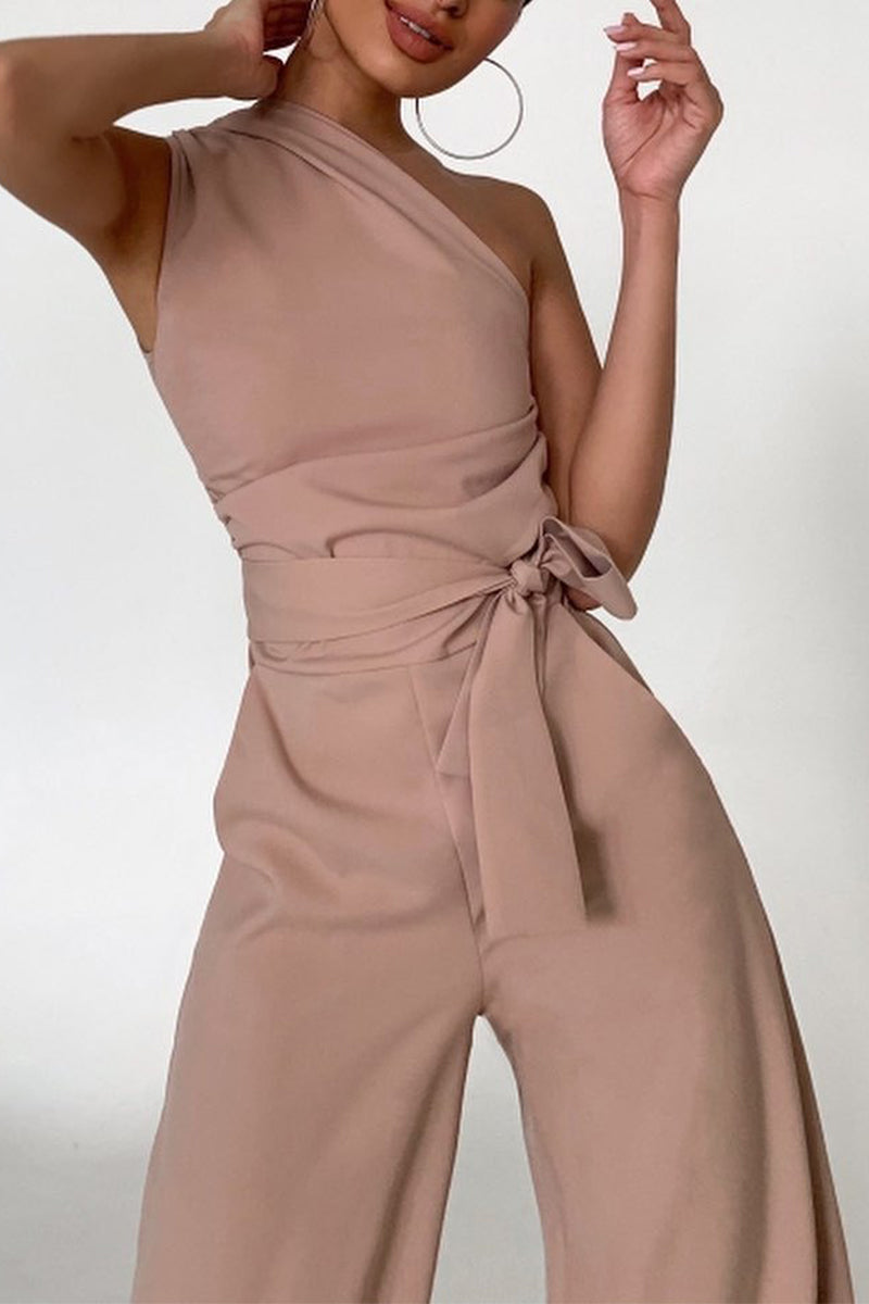 Elegant Solid Frenulum Oblique Collar Straight Jumpsuits(No Belt)