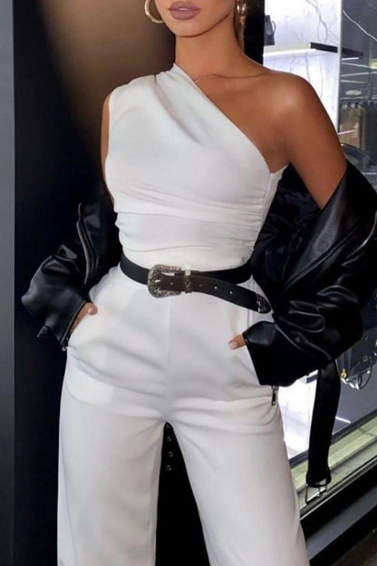 Elegant Solid Frenulum Oblique Collar Straight Jumpsuits(No Belt)