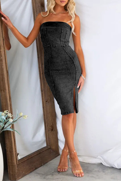 Sexy Solid Slit Zipper Strapless Sleeveless Regular Denim Dresses