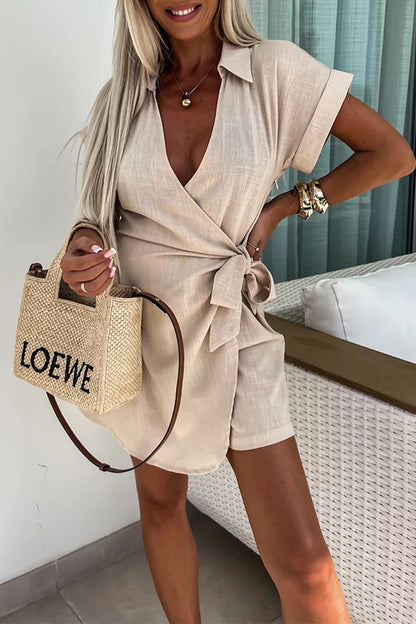 Casual Solid Frenulum V Neck Loose Rompers