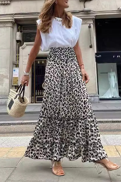 Elegant College Print Leopard Flounce Loose High Waist Type A Full Print Bottoms