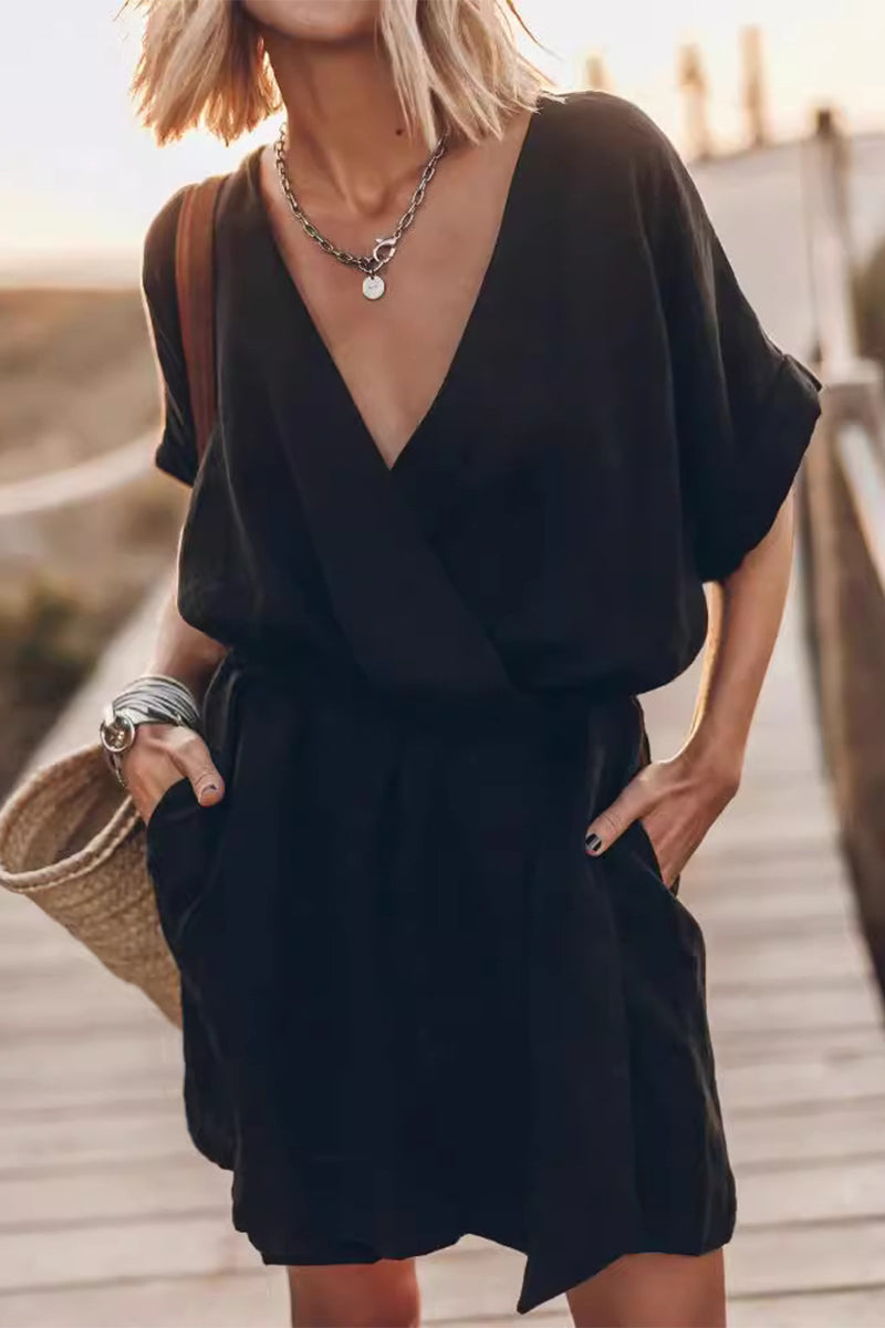 Casual Simplicity Solid Pocket V Neck A Line Dresses