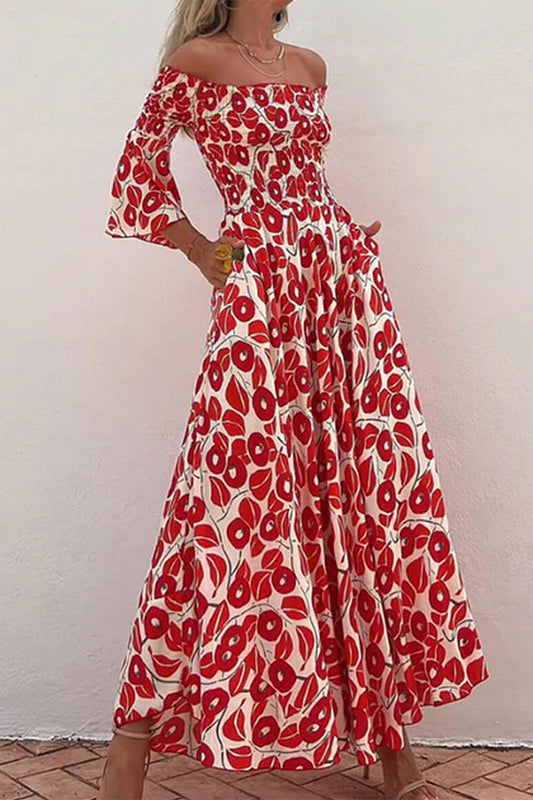 Elegant Floral Pocket Fold Off the Shoulder A Line Dresses