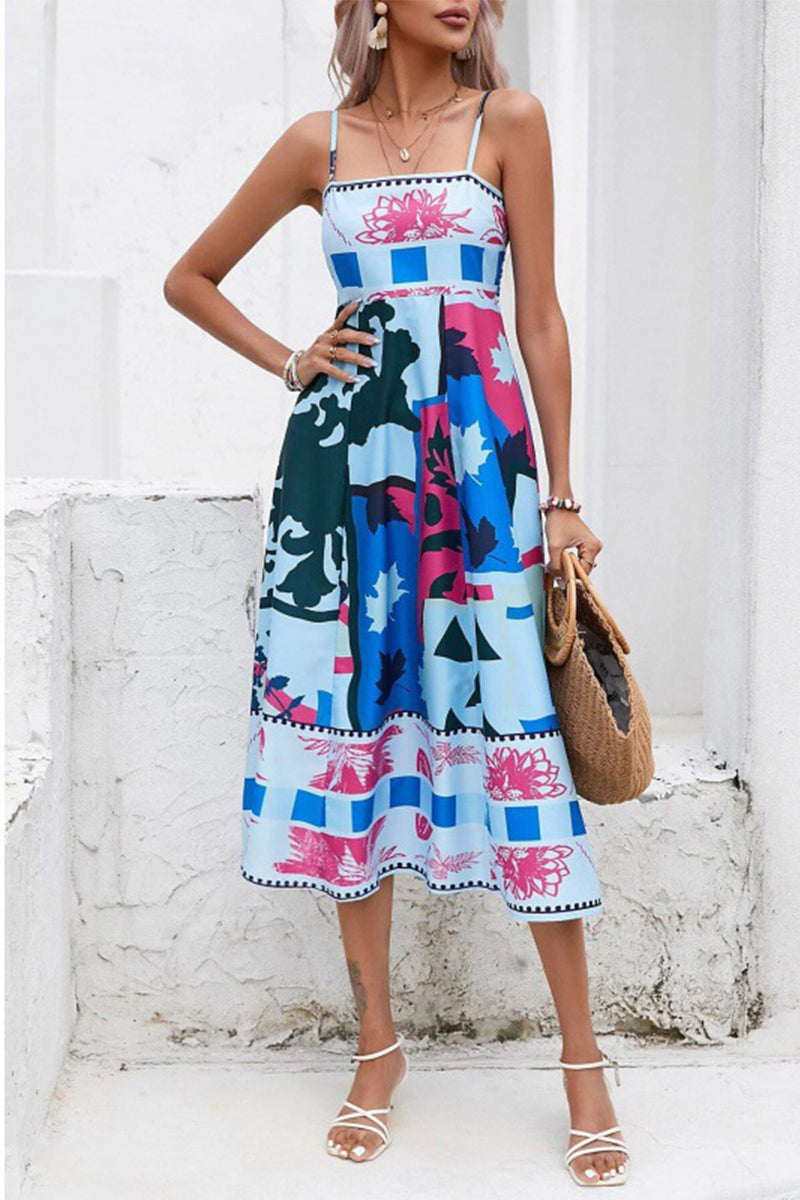 Casual Mixed Printing Contrast Square Collar Sling Dresses