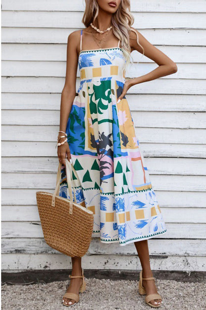 Casual Mixed Printing Contrast Square Collar Sling Dresses