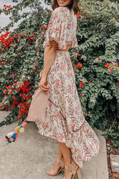 Sexy Vacation Floral Print Hollow Out Lace Up V Neck Irregular Dresses