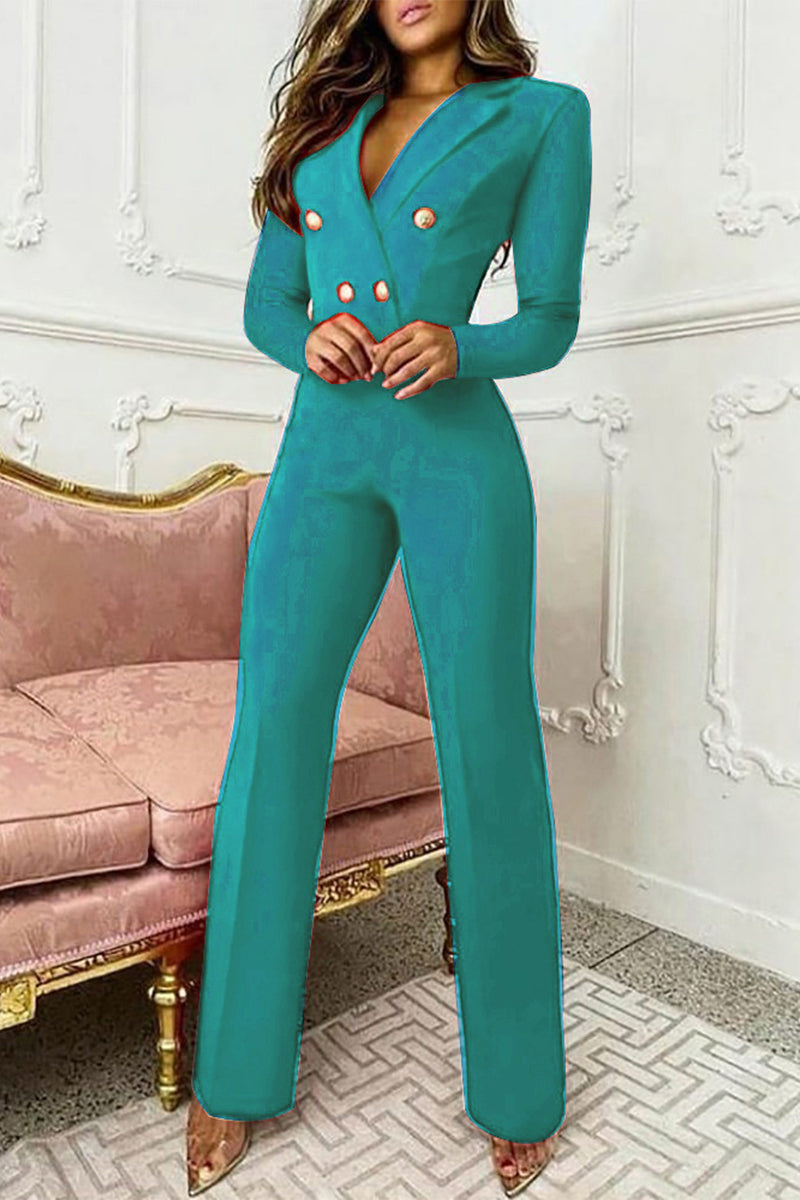 Elegant Solid Buttons Turn-back Collar Regular Jumpsuits