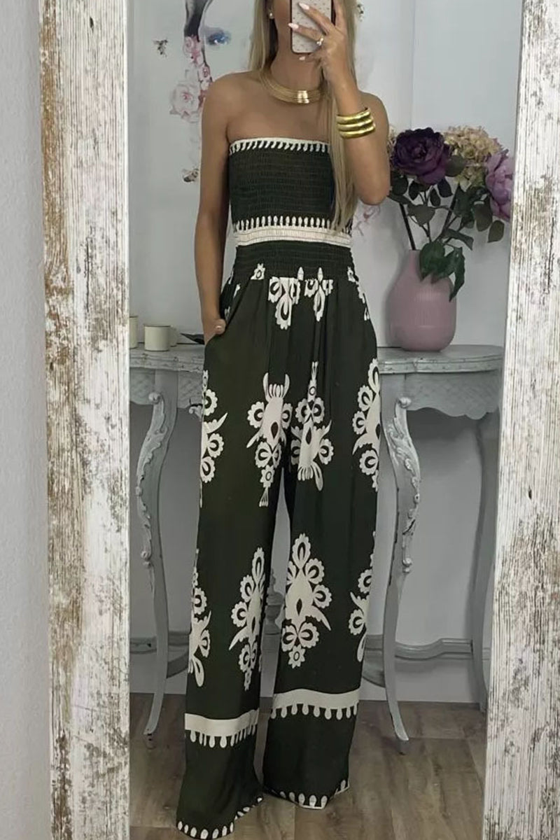 Sexy Print Pocket Strapless Loose Jumpsuits