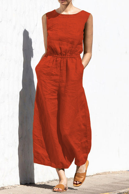 Casual Simplicity Solid Pocket O Neck Loose Jumpsuits