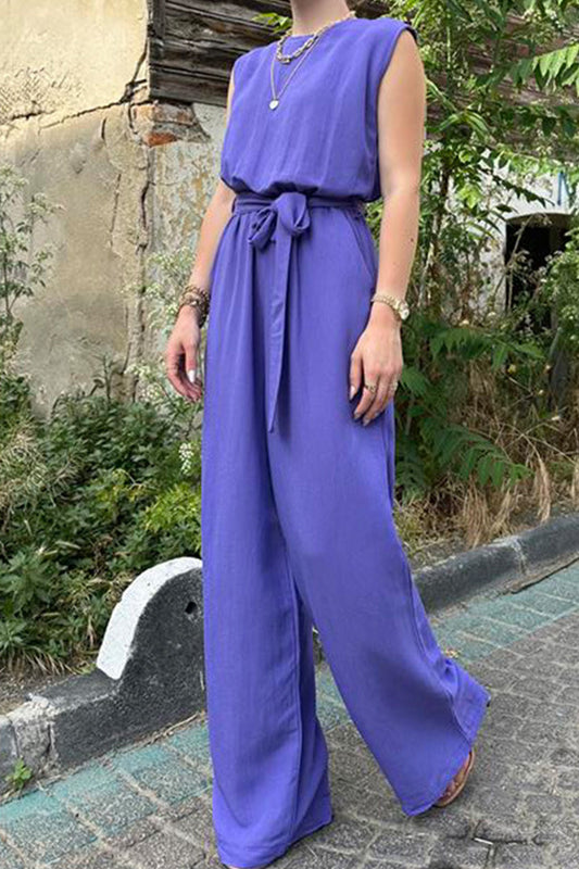 Elegant Solid Frenulum O Neck Loose Jumpsuits