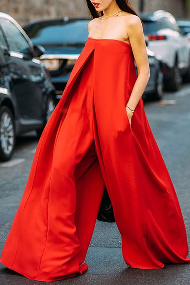 Sexy Solid Asymmetrical Strapless Loose Jumpsuits