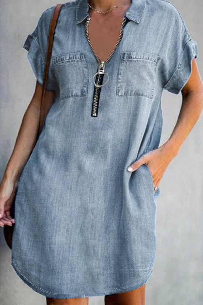 Casual Solid Pocket Turndown Collar A Line Dresses