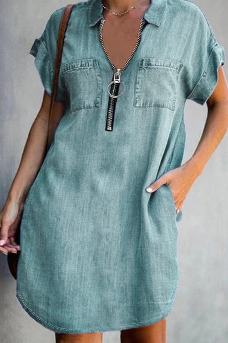 Casual Solid Pocket Turndown Collar A Line Dresses