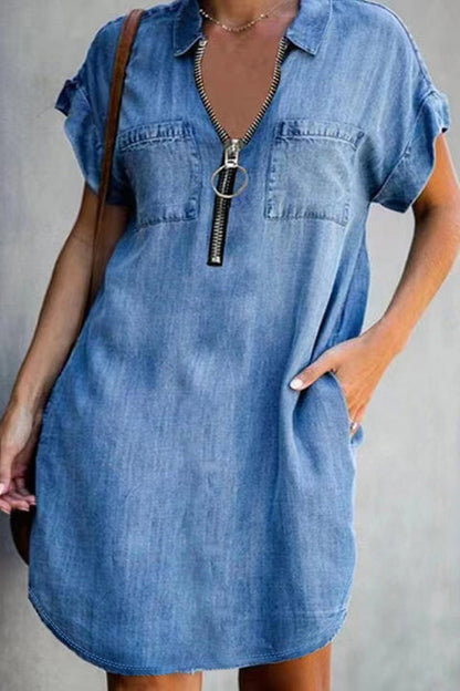 Casual Solid Pocket Turndown Collar A Line Dresses